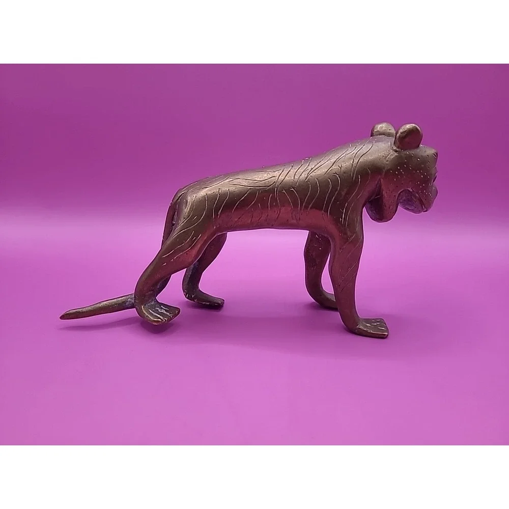 Antique Indian‎ Brass Tiger cast with open mouth and curved tail